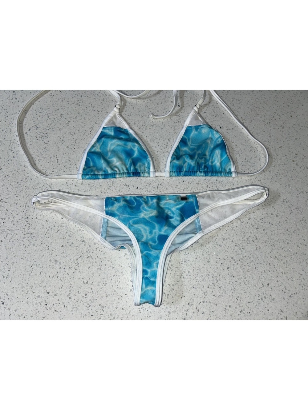 Blue Wave Mesh Trim Triangle Bikini Set